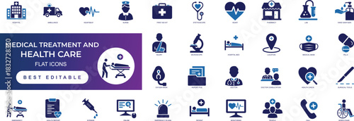  medical treatment and healthcare icon set featuring doctors, treatment, nurse, healthcare, medicine, clinic, doctor, reports, pills, health care, stethoscope, hospital, policy, and hospitals
