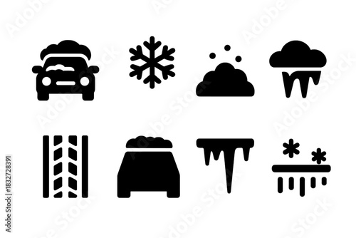 Frosty Car Icons. Frosty car scene. Filled icon set of Frosty car scene: car, snowflake, snow mound, roof snow