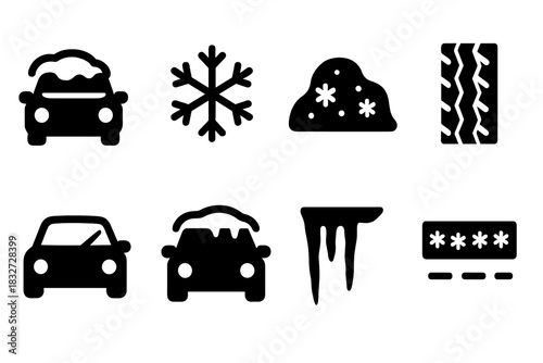 Winter Car Icon Set. Winter street car. Filled icon set of Winter street car: car, snowflake, snow mound, tire
