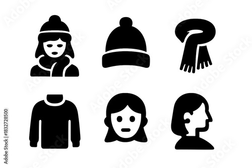 Winter Fashion Icons. Winter style close-up. Filled icon set of Winter style close-up: model, wool hat, scarf,