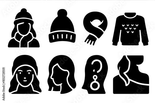 Winter Fashion Icons. Winter fashion close-up. Filled icon set of Winter fashion close-up: model, wool hat,