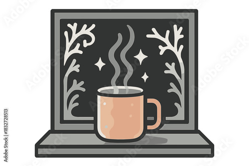 Cozy Winter Window. Winter window vignette. A mug of tea glows softly, frost curling along the edges of glass,