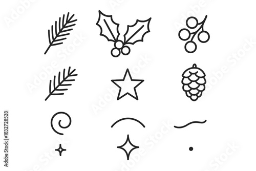 Christmas Foliage Icons. Christmas foliage. Line outline icon set of Christmas foliage: pine branch, holly