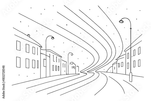 Minimalist City Night. Frosty night light streaks. Minimalistic one-line drawing snowy city street with