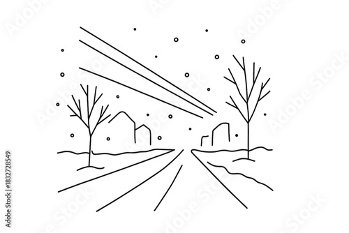 Glowing Winter Streaks. Nighttime winter streaks. Minimalistic one-line drawing streaks of glowing light