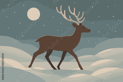 Deer in Snow. Frosty night stroll minimalist flat illustration of a deer walking through stylized snow with