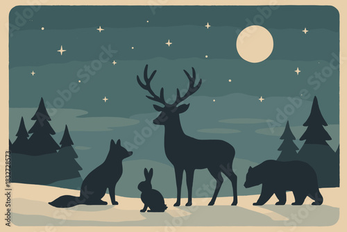Twilight Forest Silhouettes. Twilight snow animals minimalist flat illustration of silhouettes of forest