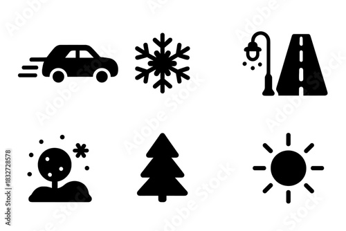 Winter Night Icons. Winter night motion. Filled icon set of Winter night motion: car, light trail, snowflake,