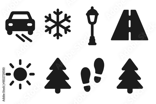 Winter Traffic Icons. Winter traffic trails. Filled icon set of Winter traffic trails: car, light streak,
