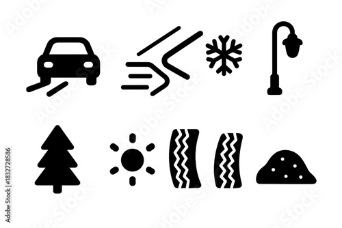 Winter Road Icons. Winter illuminated road. Filled icon set of Winter illuminated road: car, light trail,