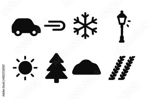 Winter Evening Icons. Winter evening streaks. Filled icon set of Winter evening streaks: car, light trail,