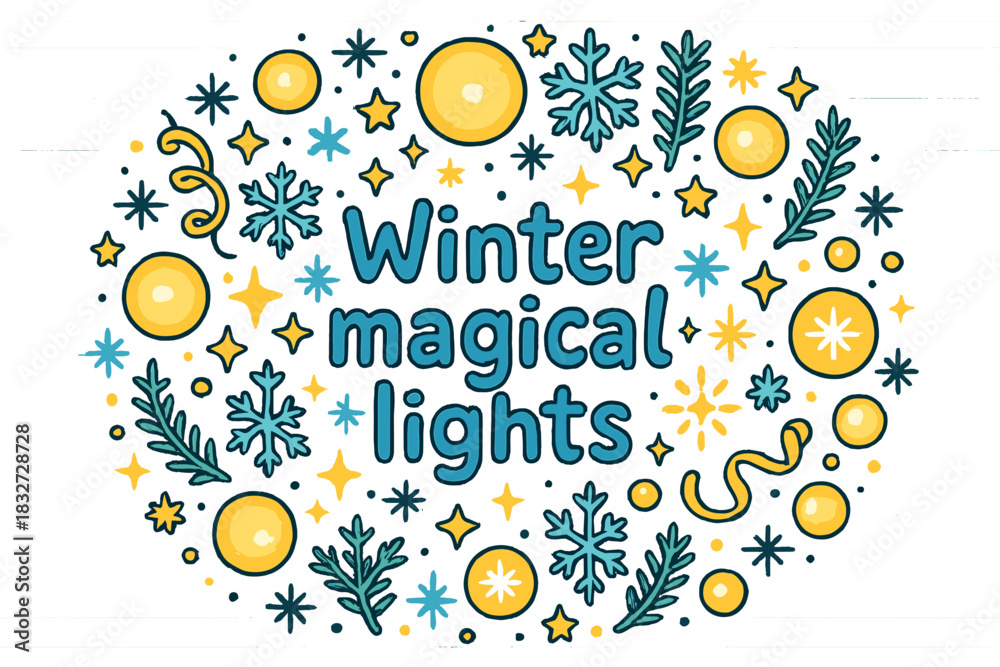 Fototapeta premium Winter Light Magic. Winter magical lights. Hand-drawn doodle illustration of Winter magical lights. glowing