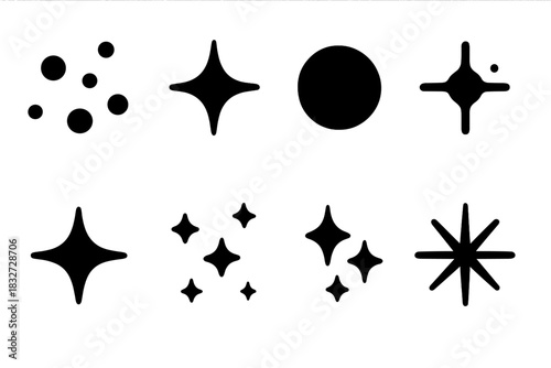 Black Glitter Icons. Macro sparkle scene. Filled icon set of Macro sparkle scene: glitter dot, sparkle,