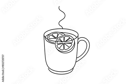 Elegant Cider Sketch. Apple cider with oranges. Minimalistic one-line drawing of a cup of apple cider with