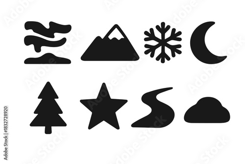 Northern Lights Icon Set. Northern lights scenery. Filled icon set of Northern lights scenery: aurora,
