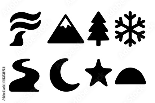 Magical Arctic Icons. Magical arctic landscape. Filled icon set of Magical arctic landscape: northern lights,