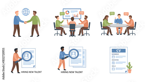 Business meeting with handshake and team collaboration, professional resume review, and hiring talent concepts