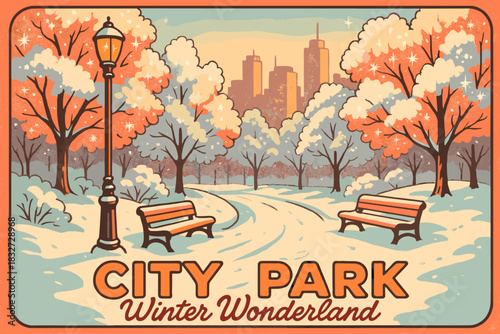 Retro Snowy Park. City park covered in snow. 70s poster vibe, icy pastel gradient, thick outlines, offset