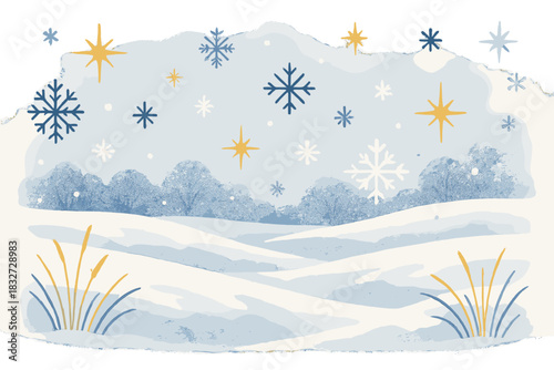 Winter Watercolor Serenity. Frozen meadow composition. Soft watercolor textures on snow-covered fields,
