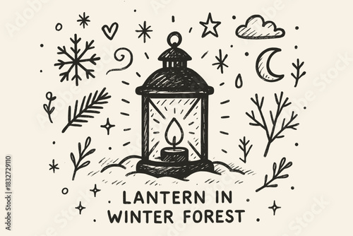 Winter Lantern Glow. Lantern in winter forest. Hand-drawn doodle illustration of Lantern in winter forest.