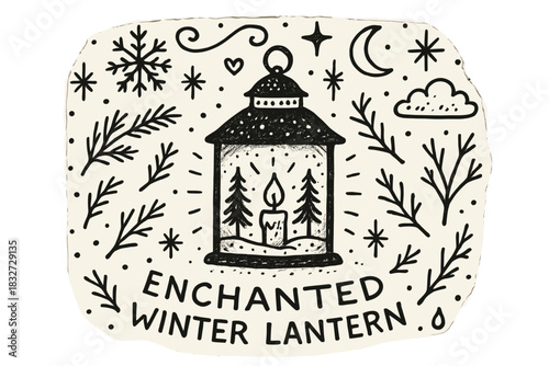 Enchanted Winter Lantern. Enchanted winter lantern. Hand-drawn doodle illustration of Enchanted winter lantern