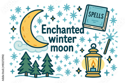 Enchanted Winter Moon. Enchanted winter moon. Hand-drawn doodle illustration of Enchanted winter moon.