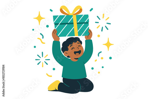 Festive Morning Delight. Holiday morning joy. A child lifts a brightly wrapped present, tiny abstract spark