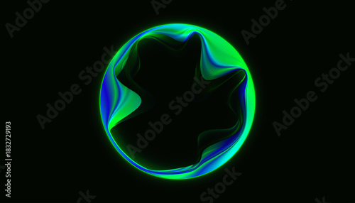 Abstract circular soundwave visualization glowing in vibrant green and blue neon colors on black background. Futuristic digital graphic represents audio, music, voice recognition and technology.