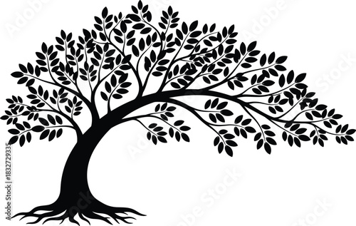 Elegant, black, vector silhouette illustration of a uniquely curved, graceful tree with leaves and visible roots,  growth, flexibility, resilience, and beautiful, timeless, natural design for 