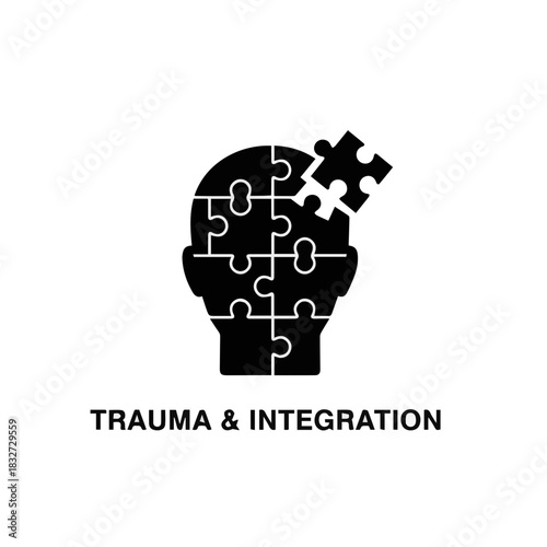 icon of a head or heart shape constructed from jigsaw puzzle pieces, with a key missing or being placed into position. Symbolizing the process of healing from trauma, self-integration