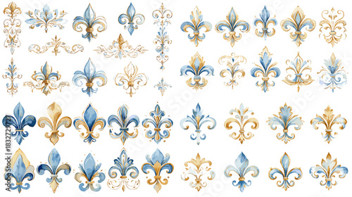 A refined collection of fleur de lis motifs in elegant blue and gold tones featuring classic ornamental shapes and intricate decorative details for luxury design projects.