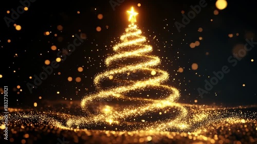 Glowing spiral Christmas tree made of golden lights with sparkling particles on dark festive background