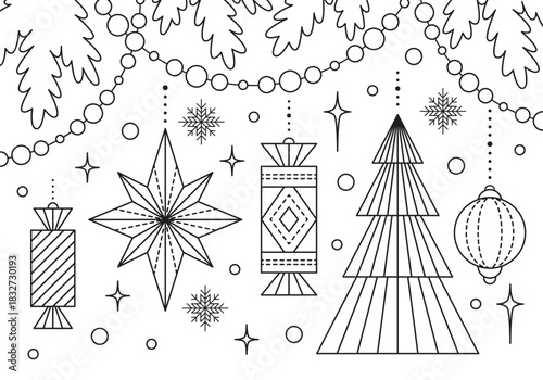 Coloring page for kids with Christmas tree, and decorations. Useful leisure time for children. Tracing contours, worksheet for practicing motor skills.