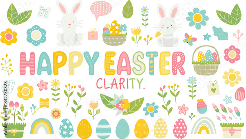 Happy easter greeting with cute bunnies colorful easter eggs flowers rainbows and spring elements in a playful hand drawn style perfect for cards and decorations