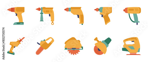 Colorful style Electrical construction equipment vector icon set. Electrical construction equipment vector pack is presented in a colorful style to attract attention.