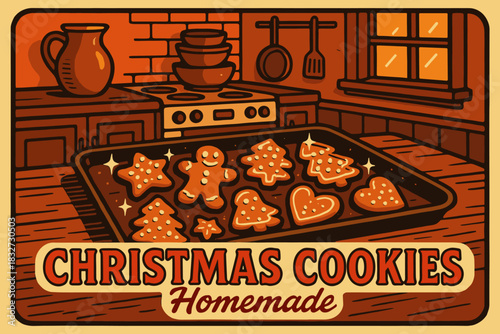 Retro Christmas Kitchen. Rustic kitchen with Christmas cookies. 70s poster vibe, warm festive gradient, thick