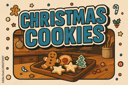 Vintage Cookie Kitchen. Rustic kitchen with Christmas cookies. retro sticker block lettering, bold cut-out