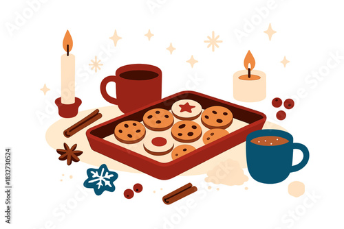 Winter Cookie Spread. Winter cookie delight. A tray of cookies, scattered ingredients, mugs and candles, small