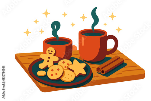 Cozy Baking Scene. Baking day joy. Cookies, cinnamon sticks, and mugs arranged on a wooden kitchen counter,