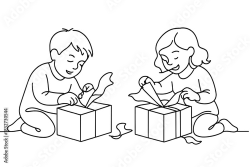 Children Opening Gifts. Holiday gift excitement. Minimalistic one-line drawing children tearing wrapping paper