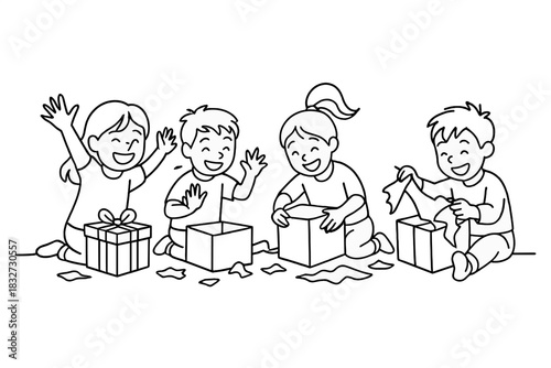 Children's Gift Joy. Excited kids with presents. Minimalistic one-line drawing children opening gifts on floor