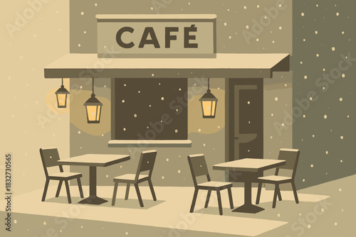 Café Terrace Bliss. Snowy terrace scene minimalist flat illustration of a small café with angular tables and
