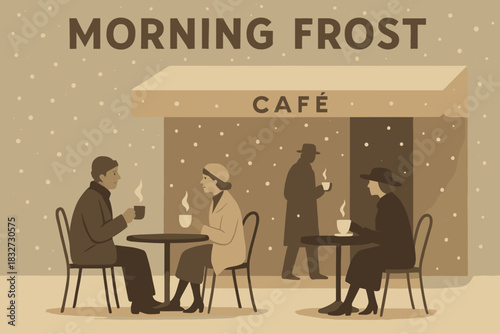 Frosty Café Gathering. Morning frost café minimalist flat illustration of a few stylized patrons enjoying