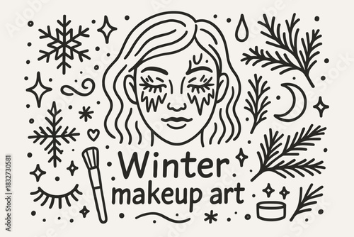 Winter Makeup Doodle. Winter makeup art. Hand-drawn doodle illustration of Winter makeup art. Central doodle