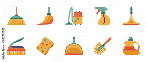Colorful style Cleaning equipment vector icon set. Cleaning equipment vector pack is presented in a colorful style to attract attention.