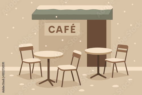 Minimalist Winter Café. Minimal winter café scene minimalist flat illustration of outdoor tables and chairs in