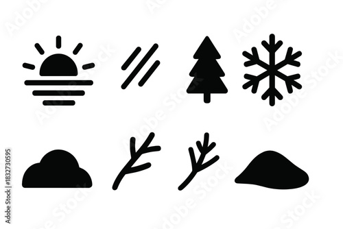 Winter Sunrise Icons. Winter sunrise fog. Filled icon set of Winter sunrise fog: sun, light ray, fog, pine