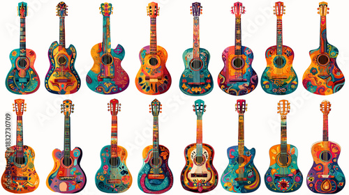 A vibrant collection of artistic acoustic guitars featuring expressive painted designs, bold colors, and decorative cultural motifs ideal for music, art, and creative projects.