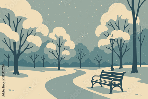 Vintage Snowy Park. Snow-dusted park corner minimalist flat illustration of a quiet park path with stylized