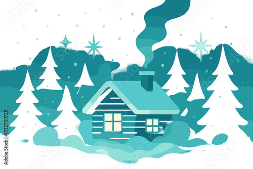 Winter Cabin Serenity. Cabin in winter haze. Snow falls gently around a glowing cabin, mist rising from forest